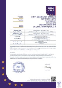 EUROCERT EU type-examination certificate 10.03.5230 for LG Tech machine-room-less passenger lift